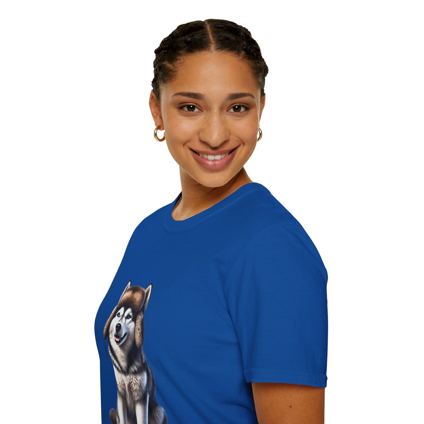 Husky Wearing A Fur Trappers hat- Adult T-Shirt - Too Cute Pets