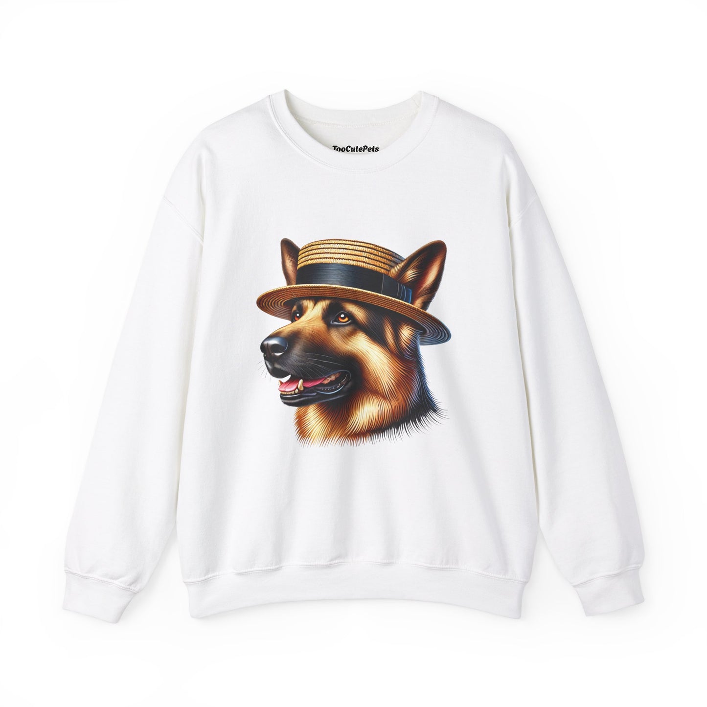 German Shepherd Wearing Boater Hat - Adult Crewneck Sweatshirt - Too Cute Pets