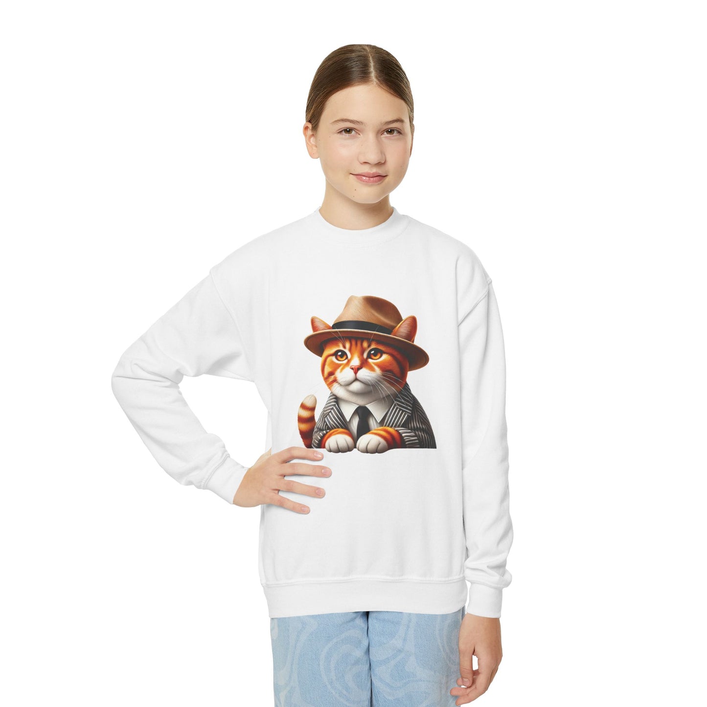 Tabby Cat Dressed In A Suit and Fedora Hat Youth Crewneck Sweatshirt - Too Cute Pets