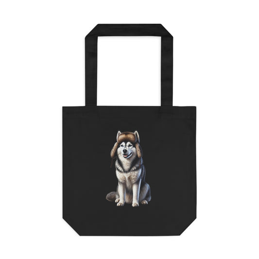 Husky Wearing a Fur Hunter Hat - Cotton Tote Bag