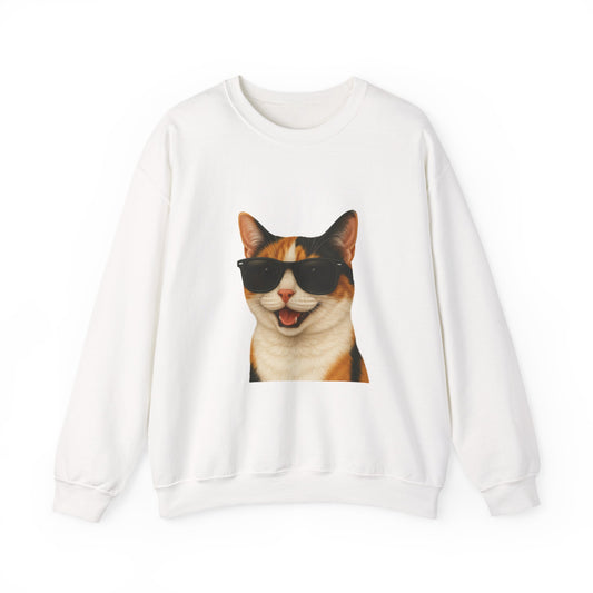 Calico Shorthair Cat Wearing Sunglasses - Adult Crewneck Sweatshirt