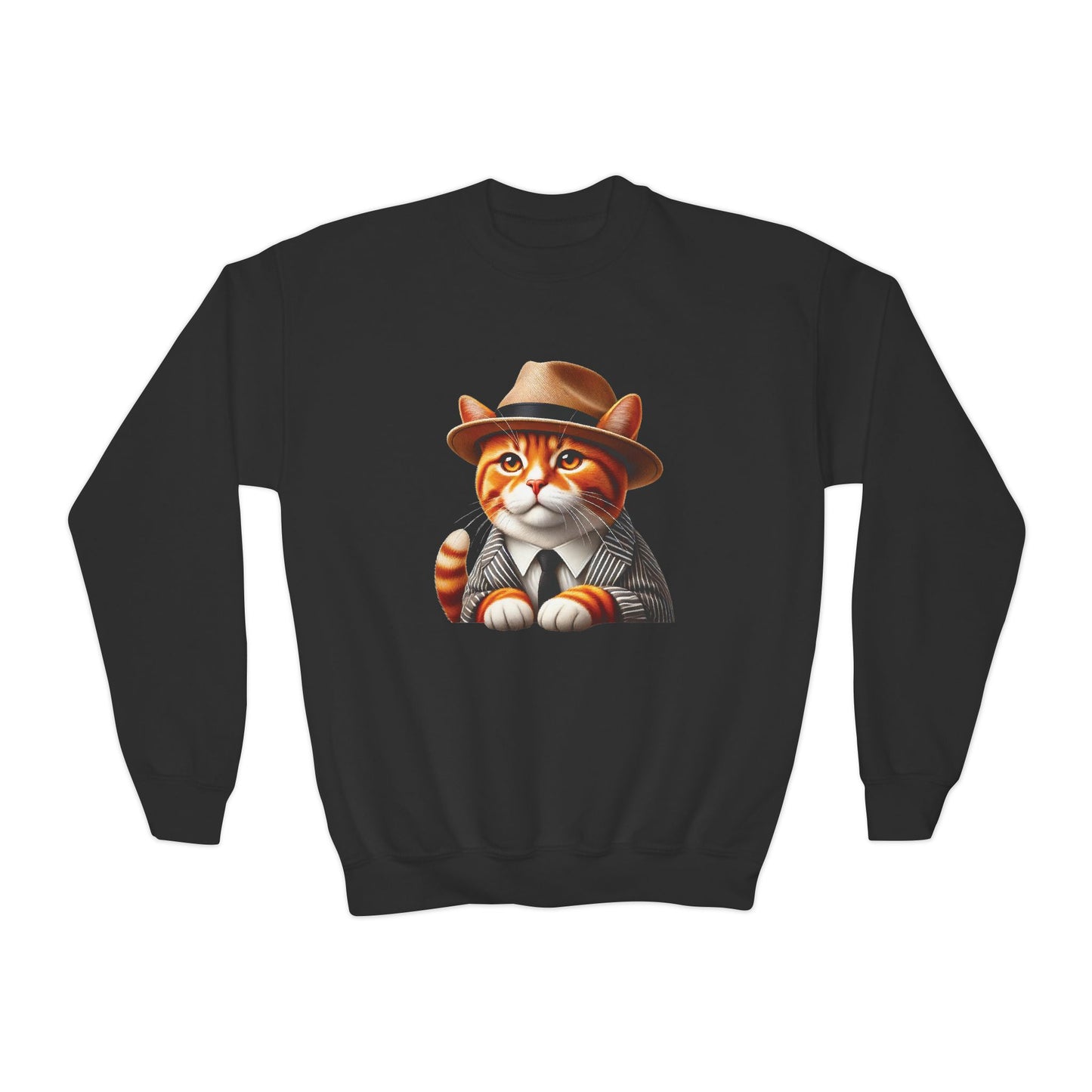 Tabby Cat Dressed In A Suit and Fedora Hat Youth Crewneck Sweatshirt - Too Cute Pets