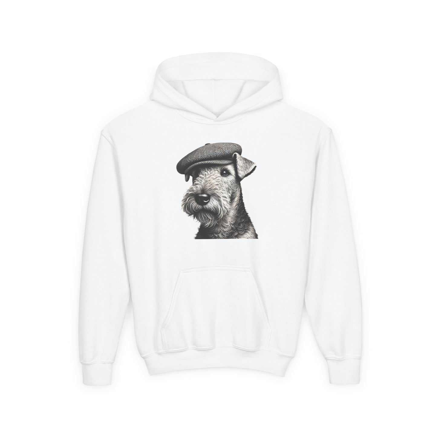 Airedale Terrier Wearing Tweed Flat Cap (Black and White)- Youth Hoodie - Too Cute Pets