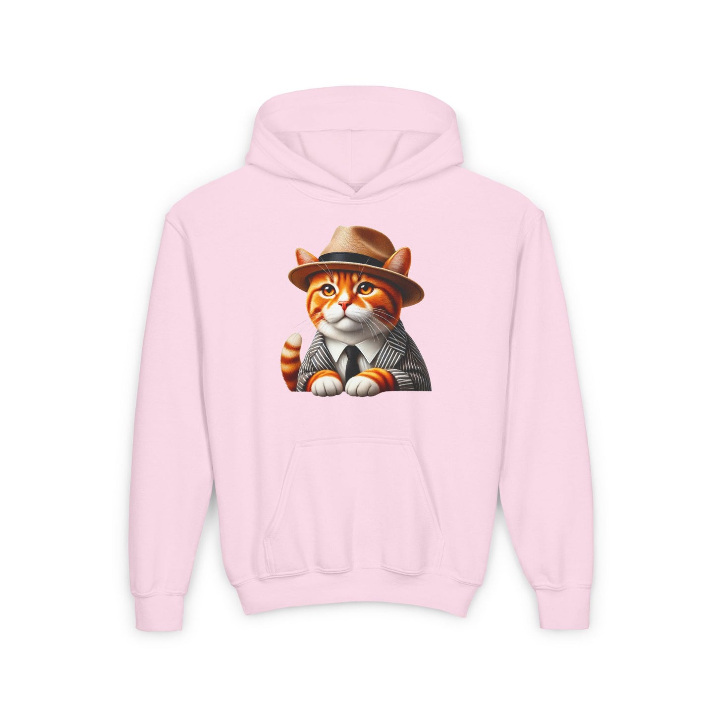Tabby Cat Dressed In A Suit and Fedora Hat Youth Hoodie - Too Cute Pets