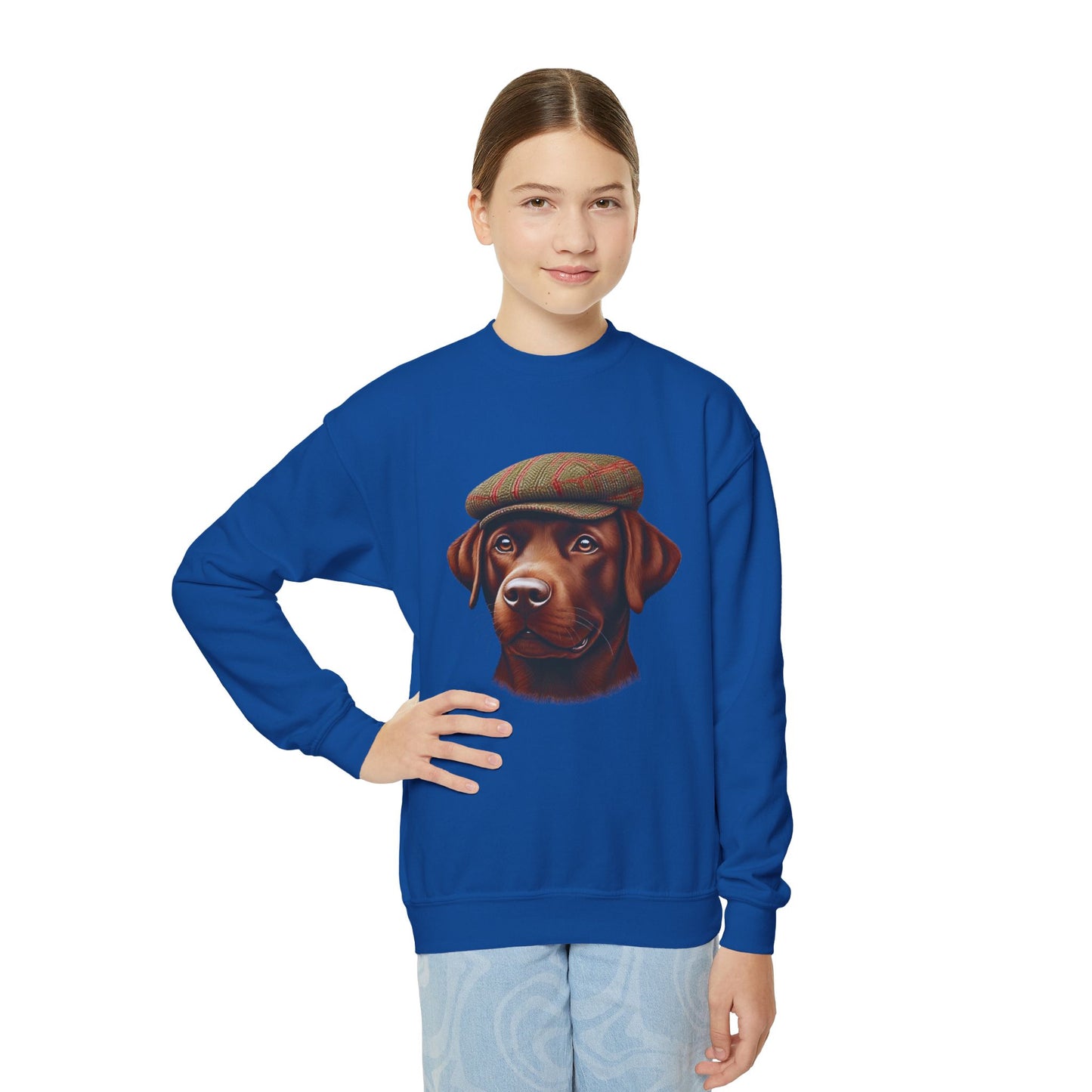 Brown Labrador With Tweed Flat Cap - Youth Crewneck Sweatshirt - Too Cute Pets