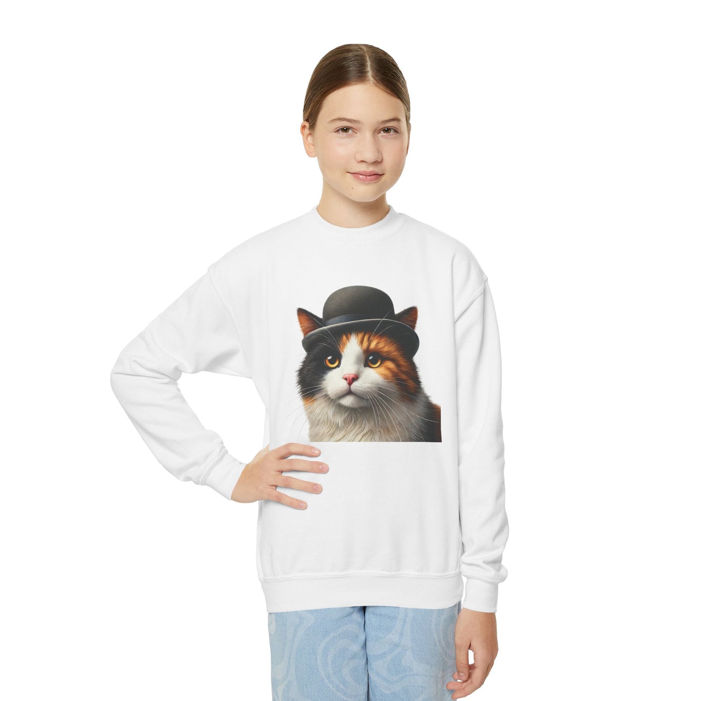 Calico Cat Wearing Bowler Hat Youth Crewneck Sweatshirt - Too Cute Pets