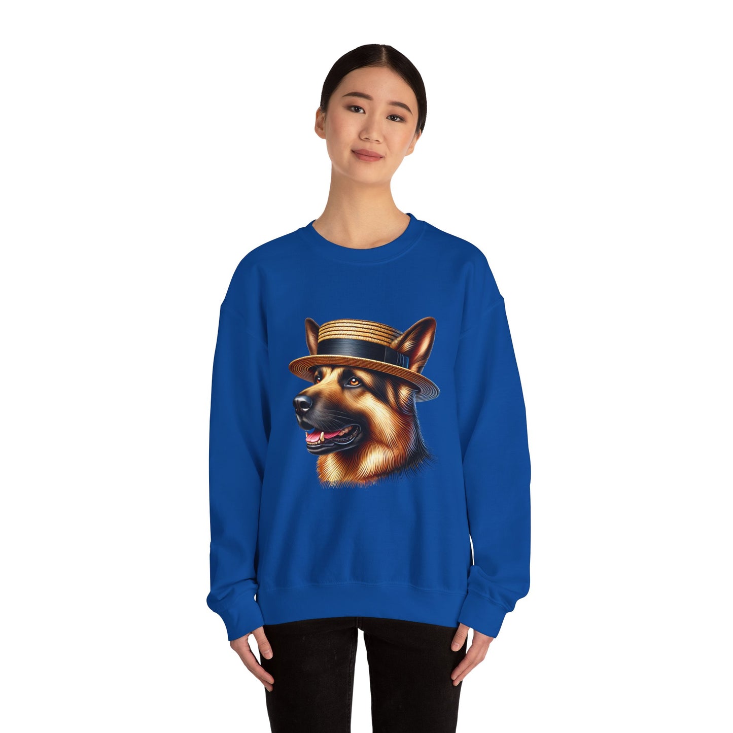 German Shepherd Wearing Boater Hat - Adult Crewneck Sweatshirt - Too Cute Pets