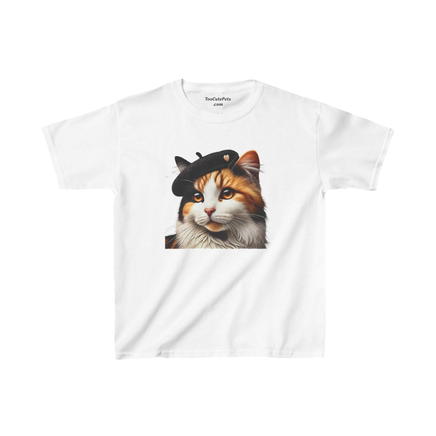 Calico Cat Wearing a Heart Beret Youth T-Shirt - Too Cute Pets