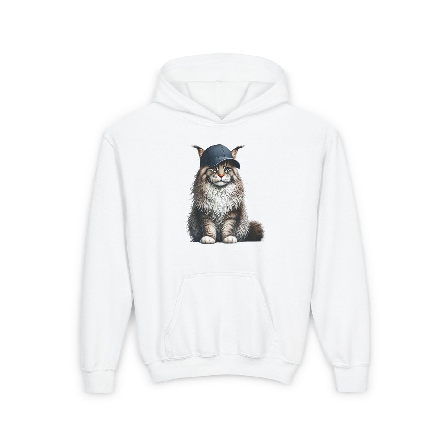 Maine Coon Wearing Baseball Cap - Hooded Youth Sweatshirt - Too Cute Pets