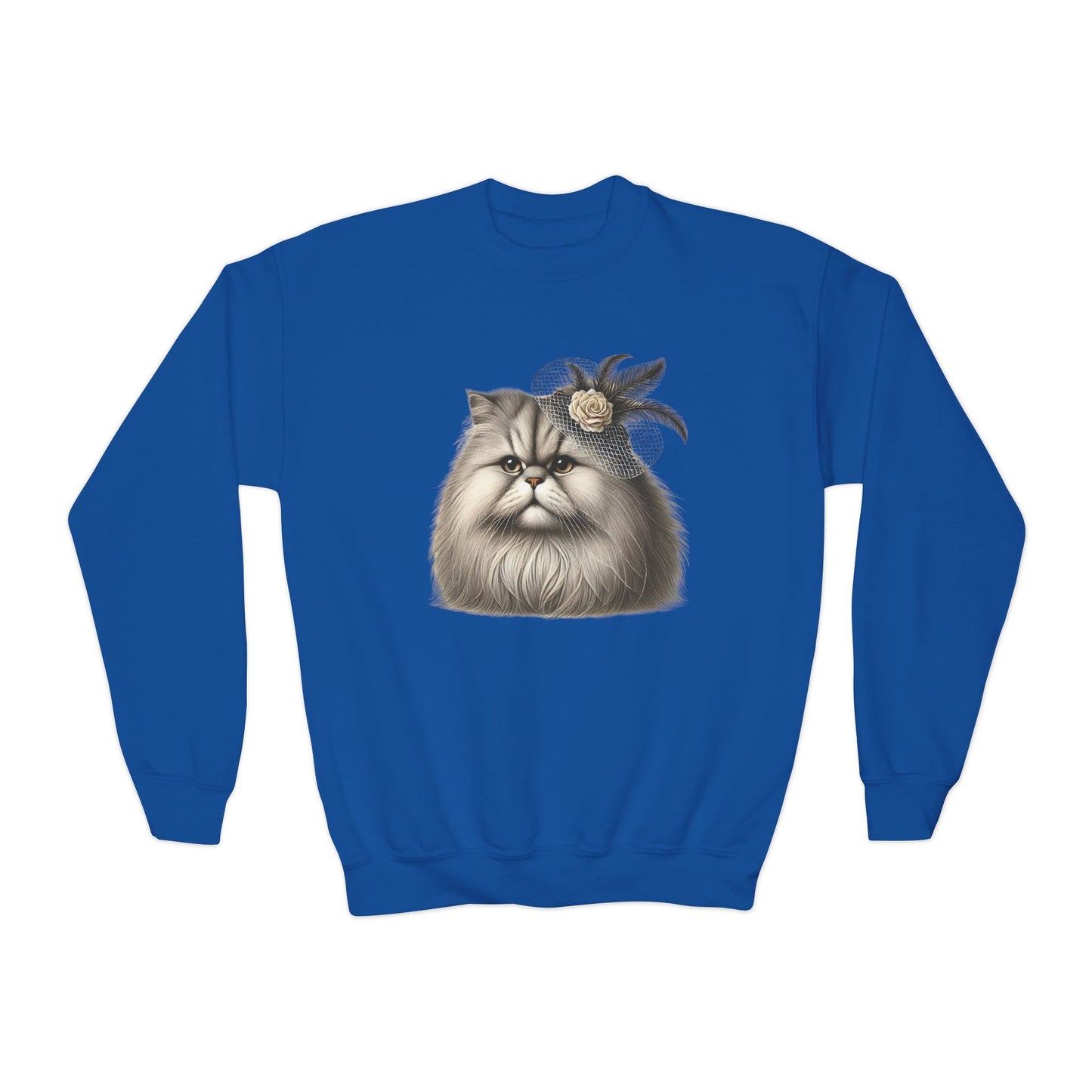 Persian Cat Wearing Fascinator Hat - Youth Crewneck Sweatshirt - Too Cute Pets