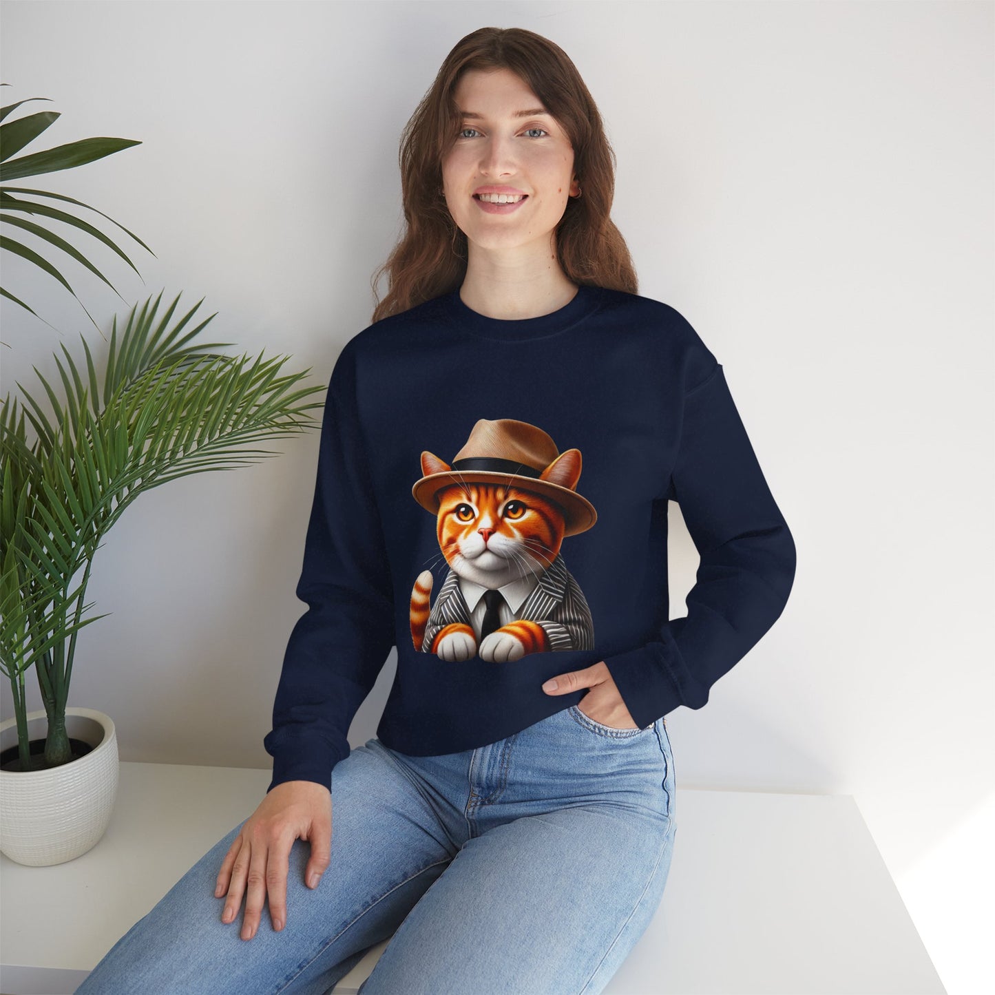 Tabby Cat in Fedora & Suit – Adult Unisex Crewneck Sweatshirt