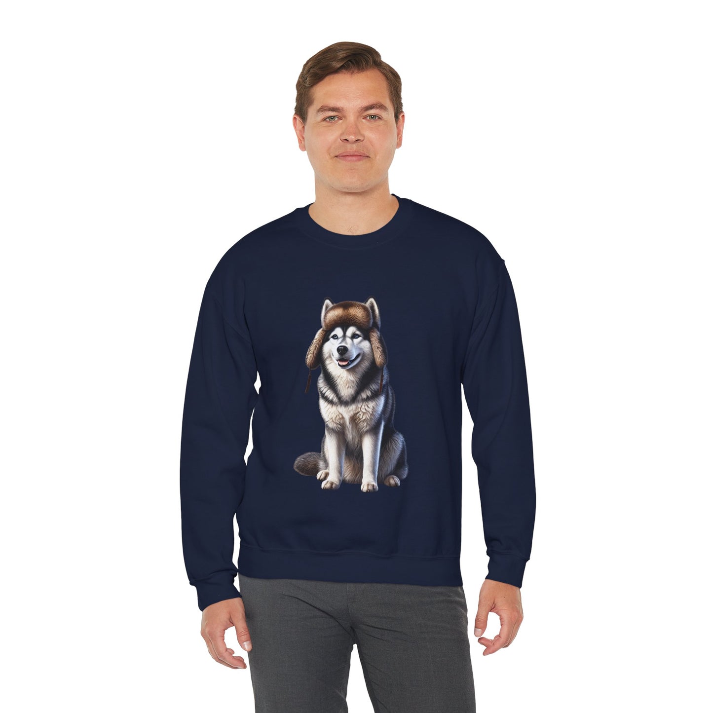 Husky in Fur Trappers Hat - Adult Crewneck Sweatshirt - Too Cute Pets