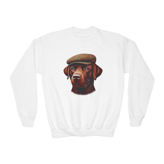 Brown Labrador With Tweed Flat Cap - Youth Crewneck Sweatshirt
