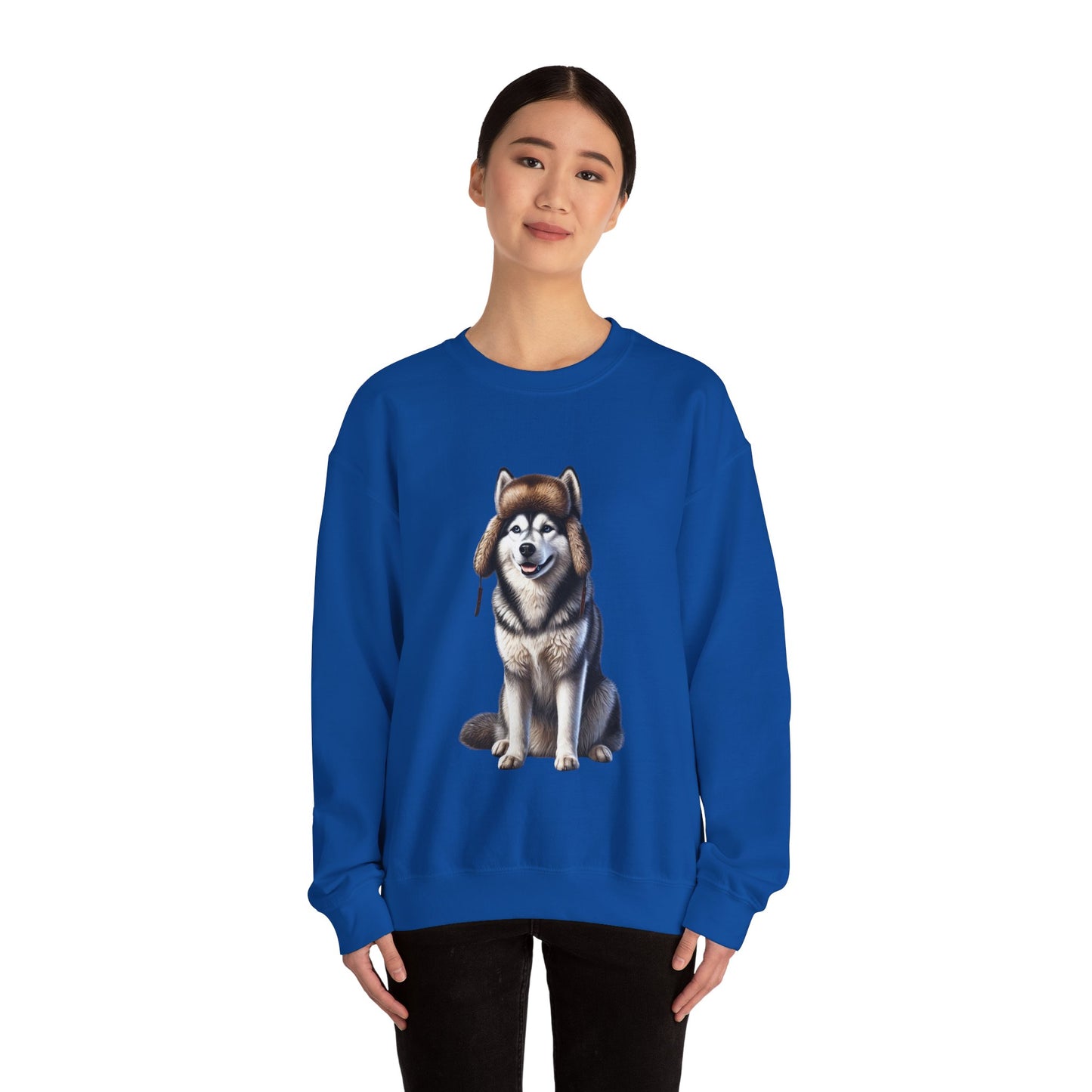 Husky in Fur Trappers Hat - Adult Crewneck Sweatshirt - Too Cute Pets