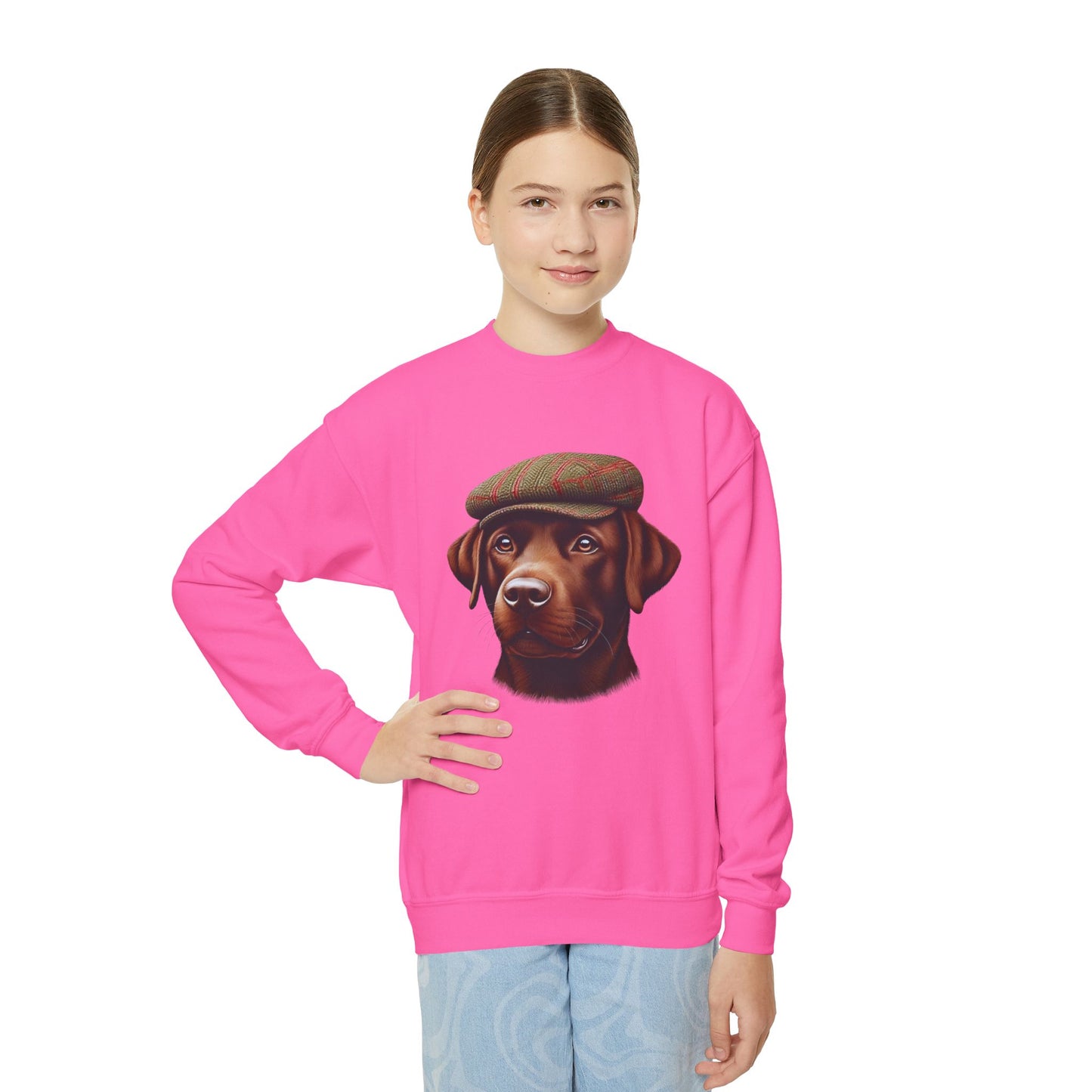 Brown Labrador With Tweed Flat Cap - Youth Crewneck Sweatshirt - Too Cute Pets
