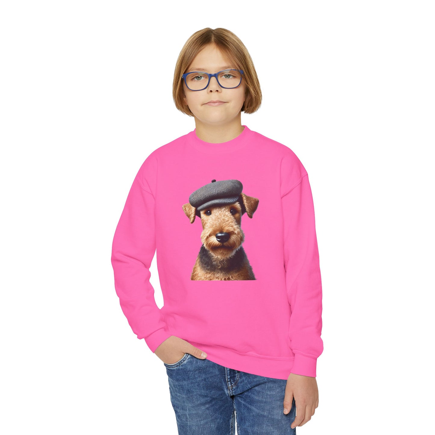Airedale Terrier Wearing Tweed Flat Cap- Youth Crewneck Sweatshirt - Too Cute Pets