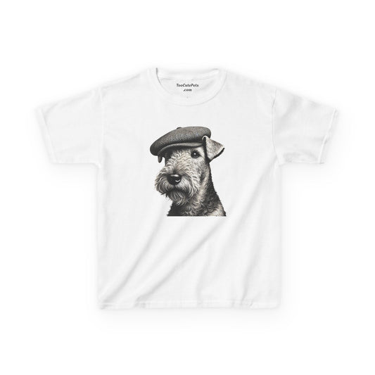 Airedale Terrier Wearing Tweed Flat Cap (Black & White)- Youth T-Shirt - Too Cute Pets