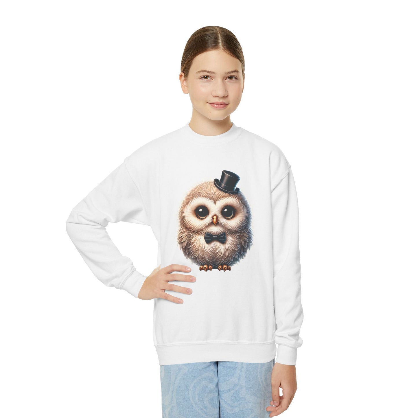 Owl Wearing A Top Hat Youth Crewneck Sweatshirt - Too Cute Pets