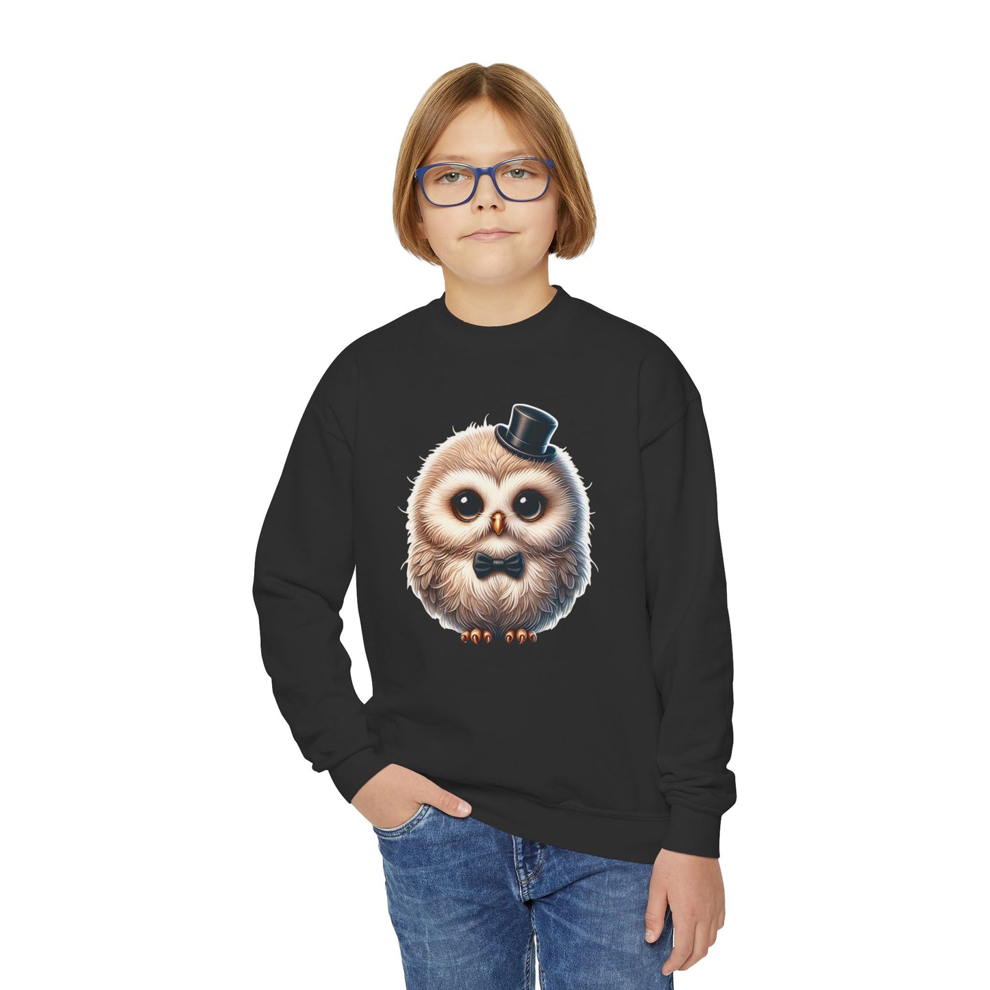 Owl Wearing A Top Hat Youth Crewneck Sweatshirt - Too Cute Pets