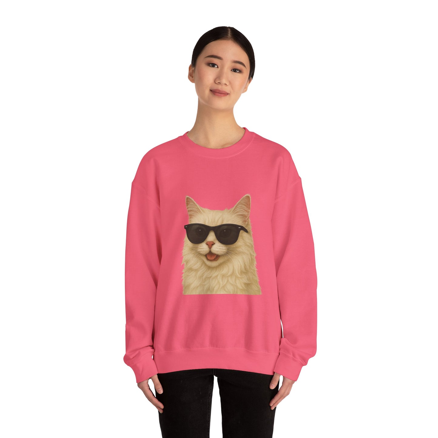 Cream Longhair Cat Wearing Sunglasses - Adult Crewneck Sweatshirt