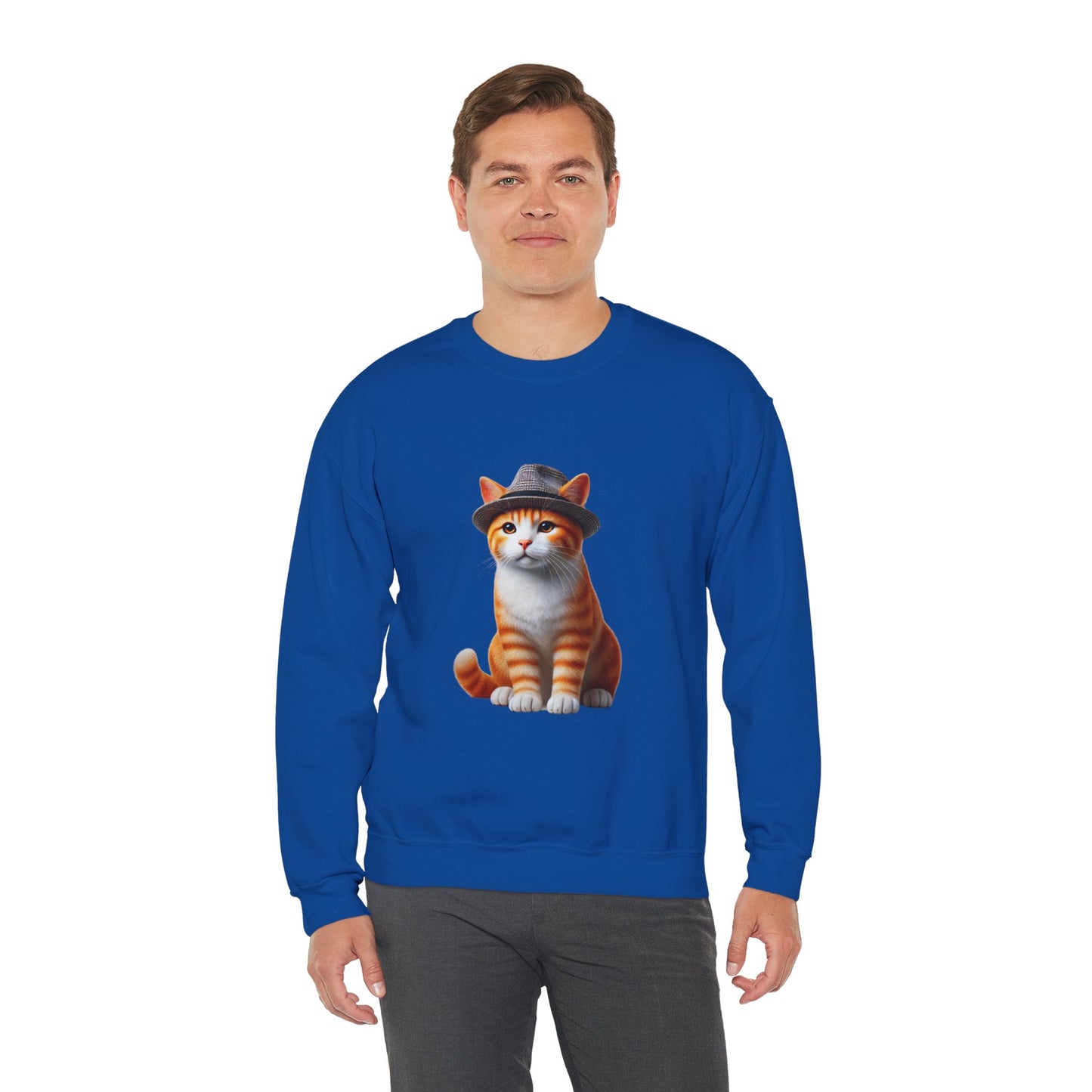 Cool Tabby Kitten Wearing Fedora Hat - Adult Crewneck Sweatshirt - Too Cute Pets