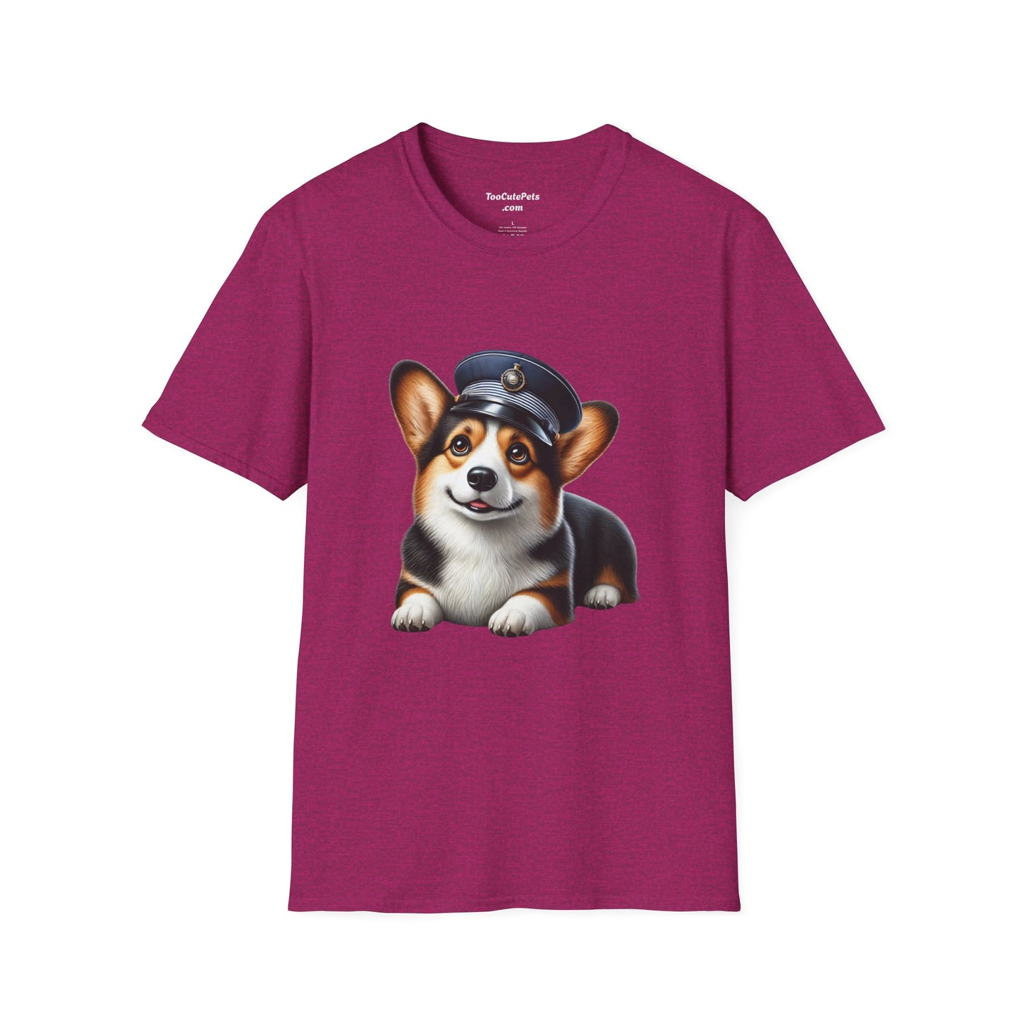 Cute Corgi Wearing A Train Conductors Hat - Adult T-Shirt - Too Cute Pets