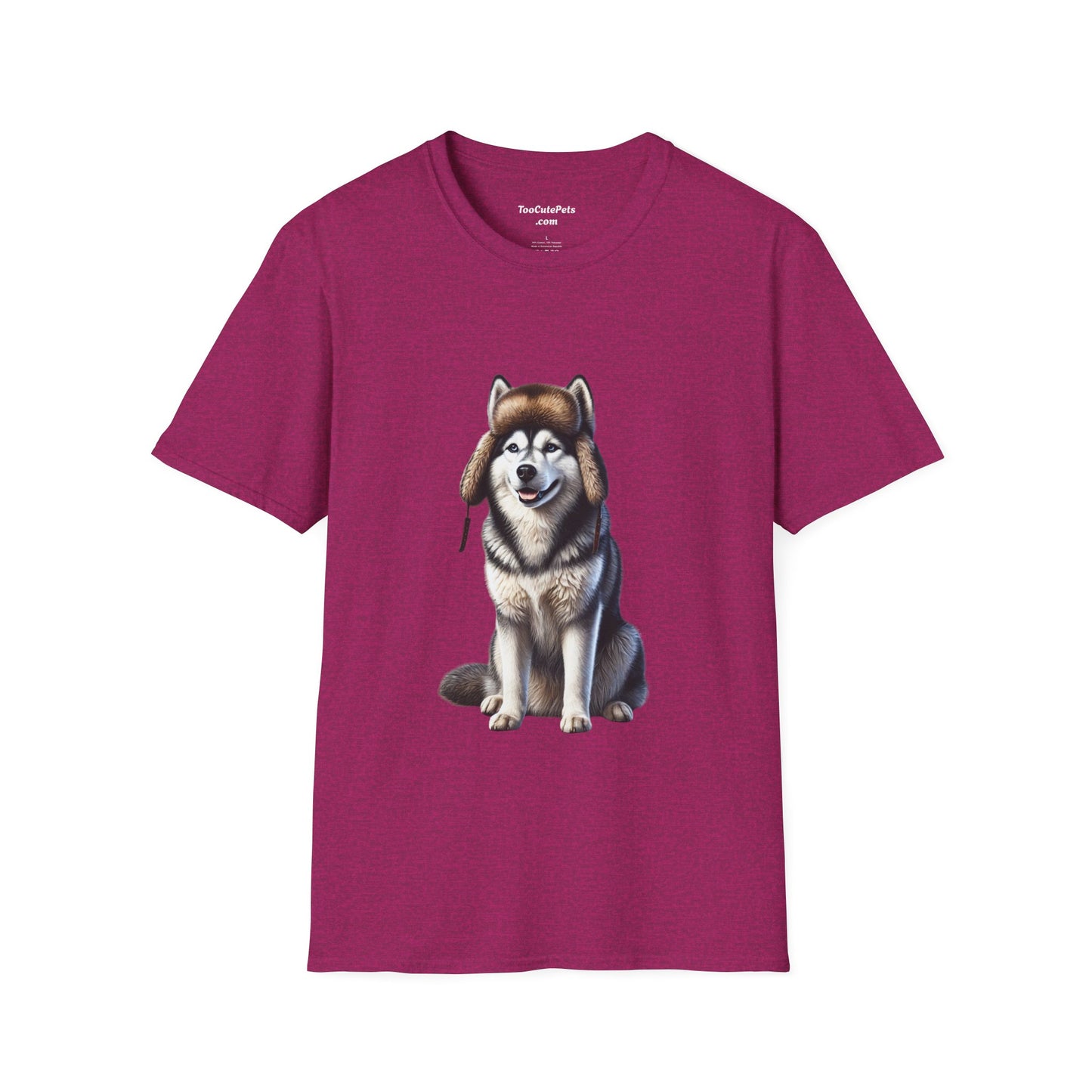Husky Wearing A Fur Trappers hat- Adult T-Shirt - Too Cute Pets