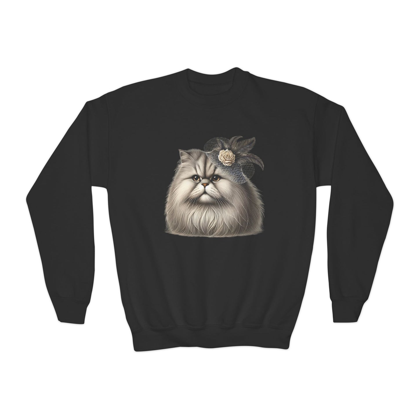 Persian Cat Wearing Fascinator Hat - Youth Crewneck Sweatshirt - Too Cute Pets