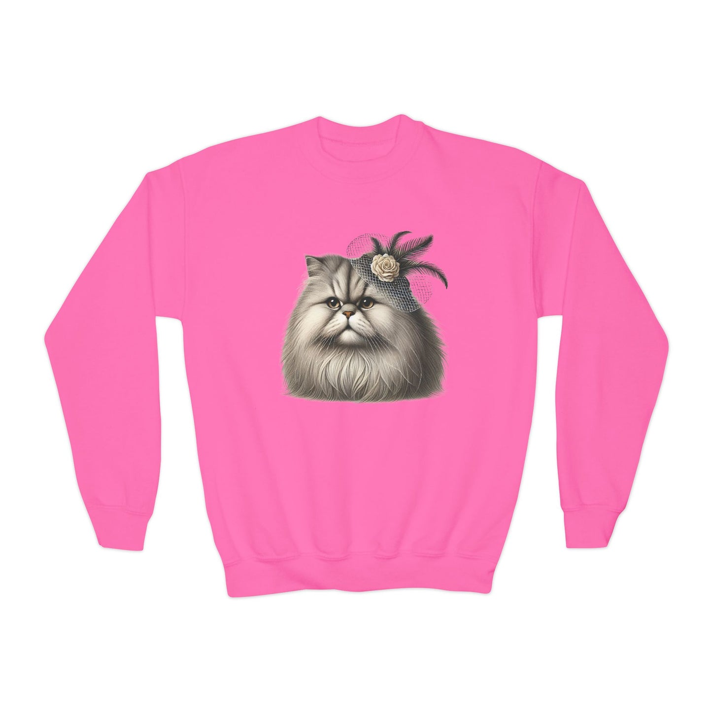 Persian Cat Wearing Fascinator Hat - Youth Crewneck Sweatshirt - Too Cute Pets