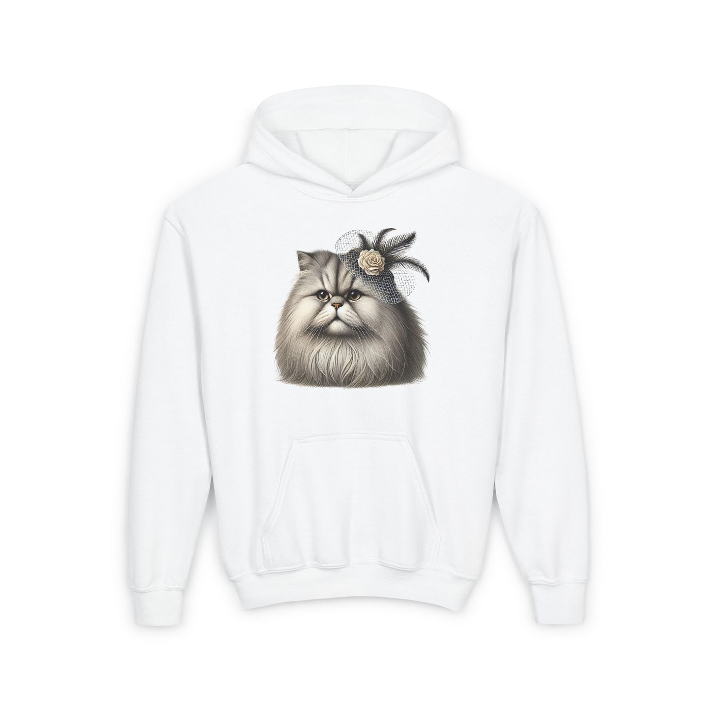 Persian Cat Wearing a Fascinator Hat- Hooded Youth Sweatshirt - Too Cute Pets