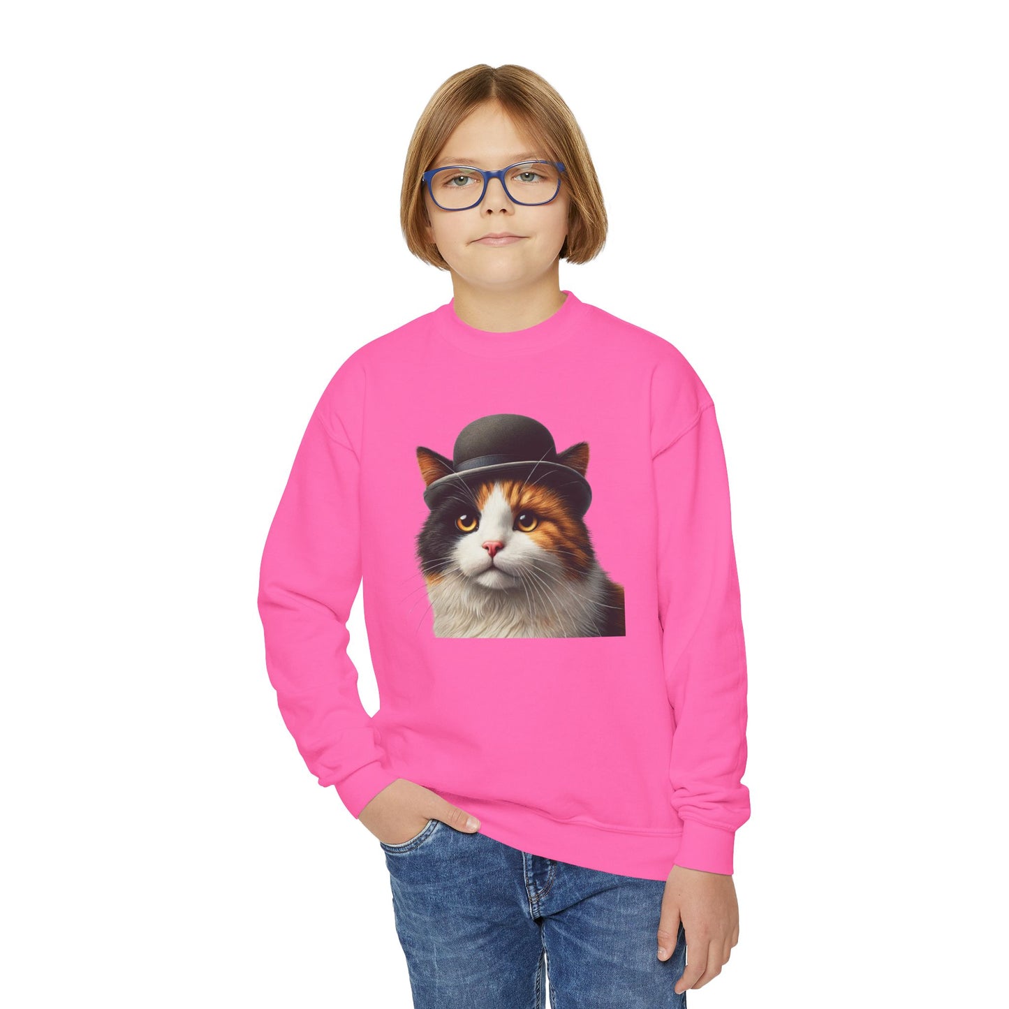 Calico Cat Wearing Bowler Hat Youth Crewneck Sweatshirt - Too Cute Pets