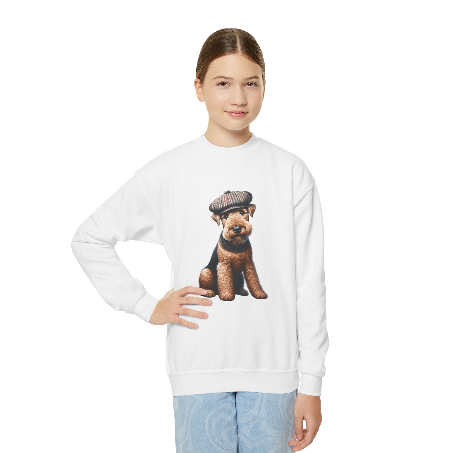 Airedale Terrier Wearing Tweed Flat Cap #2- Youth Crewneck Sweatshirt - Too Cute Pets