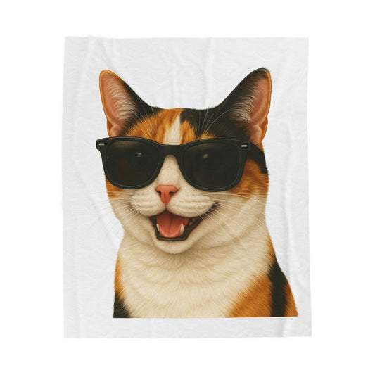Calico Shorthair Cat Wearing Sunglasses - Sherpa Blanket