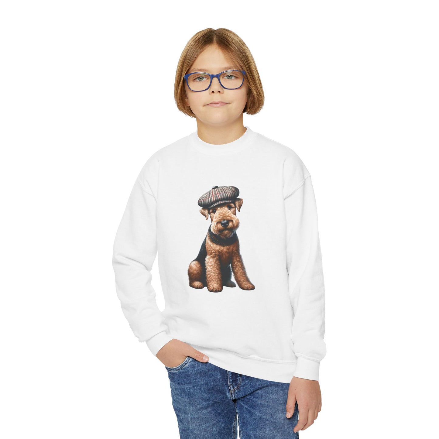 Airedale Terrier Wearing Tweed Flat Cap #2- Youth Crewneck Sweatshirt - Too Cute Pets