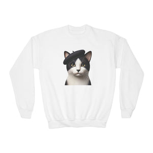 Tuxedo Cat Wearing A Beret - Youth Crewneck Sweatshirt - Too Cute Pets