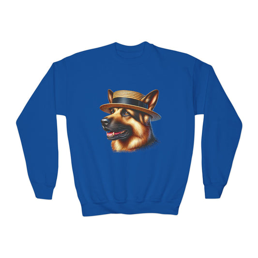 German Shepherd With Boater Hat - Youth Crewneck Sweatshirt