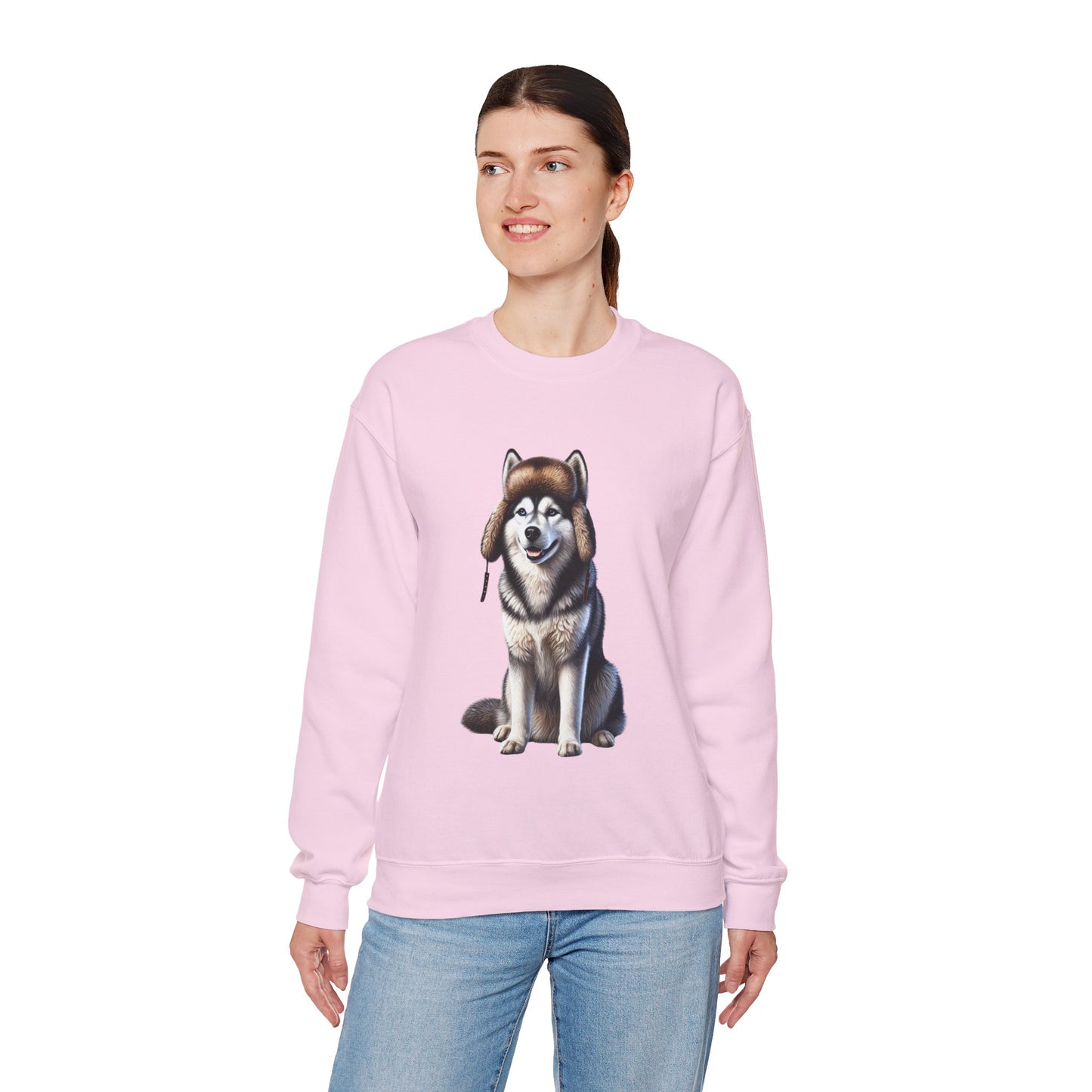 Husky in Fur Trappers Hat - Adult Crewneck Sweatshirt - Too Cute Pets