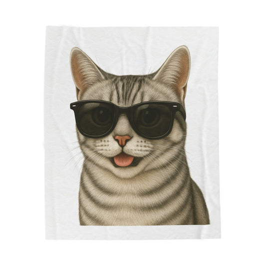 American Shorthair Silver Tabby Wearing Sunglasses - Sherpa Blanket