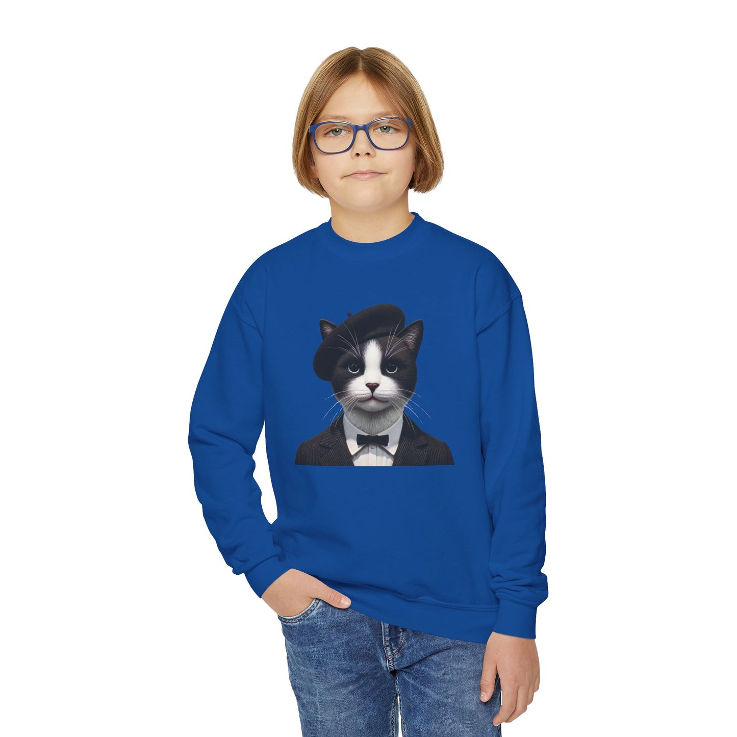 Tuxedo Cat Wearing A Tuxedo And A Beret - Youth Crewneck Sweatshirt - Too Cute Pets