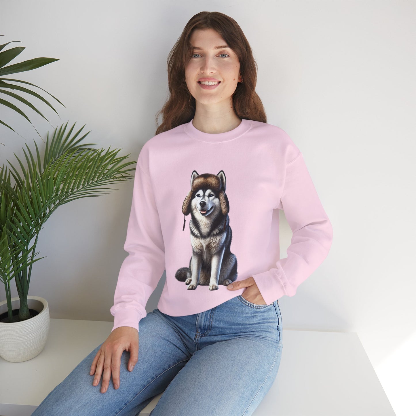 Husky in Fur Trappers Hat - Adult Crewneck Sweatshirt - Too Cute Pets