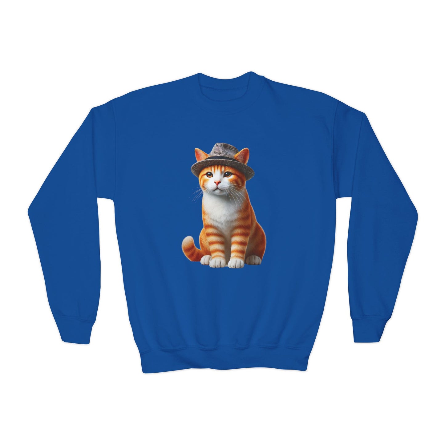 Tabby Kitten With Fedora Hat- Youth Crewneck Sweatshirt - Too Cute Pets