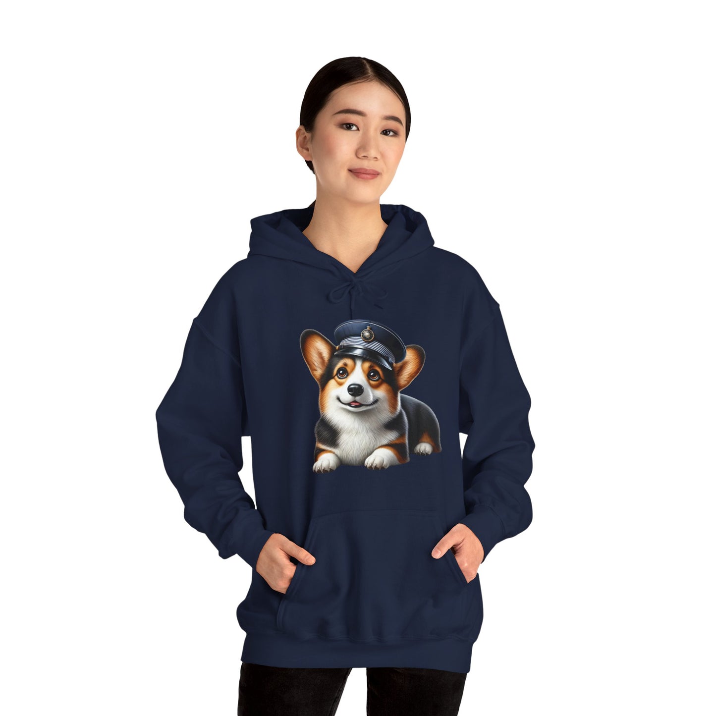 Cute Corgi Wearing A Train Conductors Hat - Adult Hoodie - Too Cute Pets