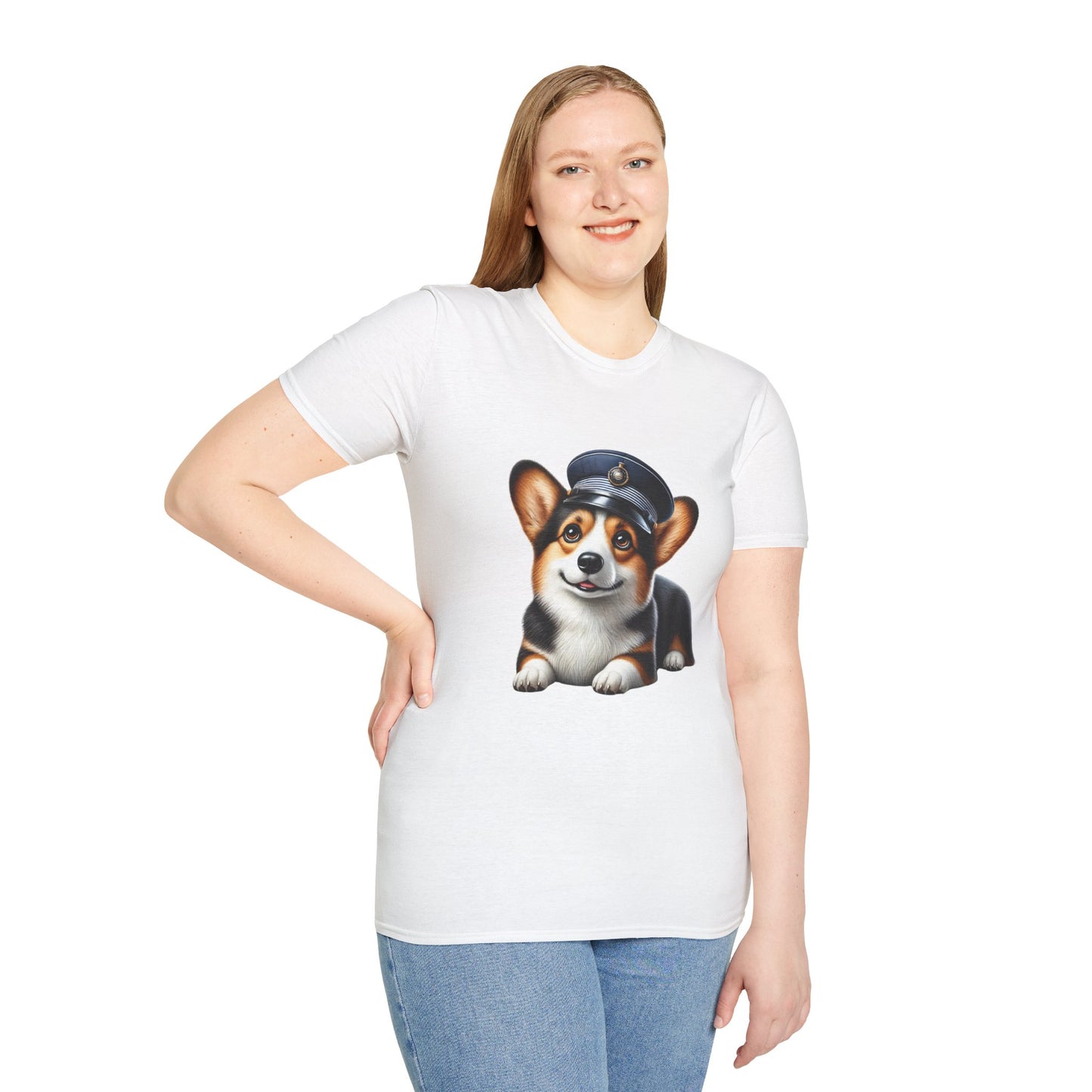 Cute Corgi Wearing A Train Conductors Hat - Adult T-Shirt - Too Cute Pets