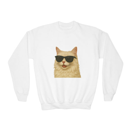Cream Longhair Cat Wearing Sunglasses - Youth Crewneck Sweatshirt