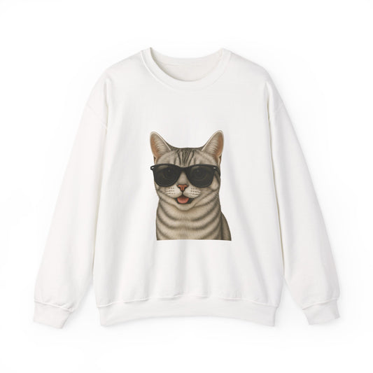 American Shorthair Silver Tabby Wearing Sunglasses - Adult Crewneck Sweatshirt