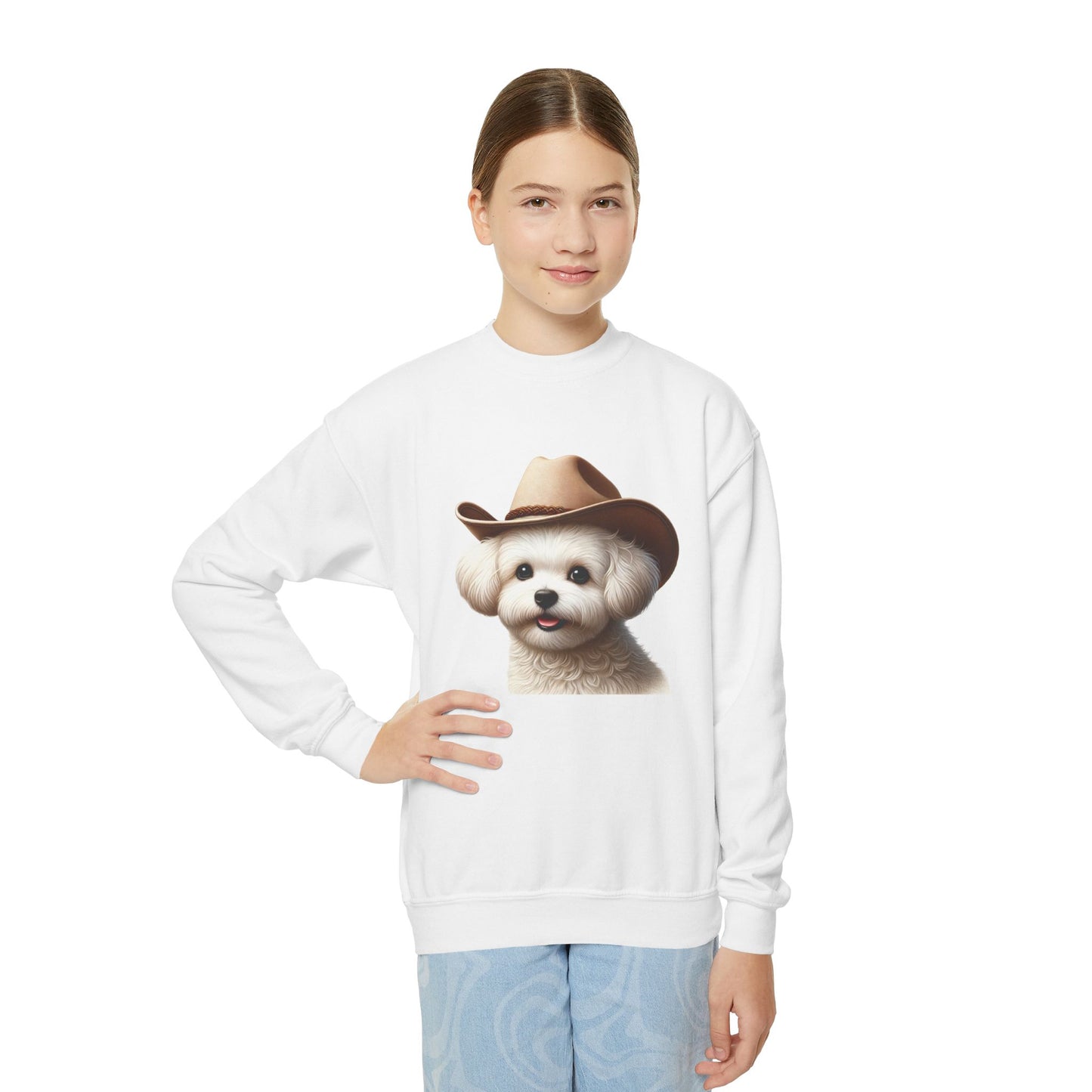 Maltese Wearing Cowboy Hat Youth Crewneck Sweatshirt - Too Cute Pets