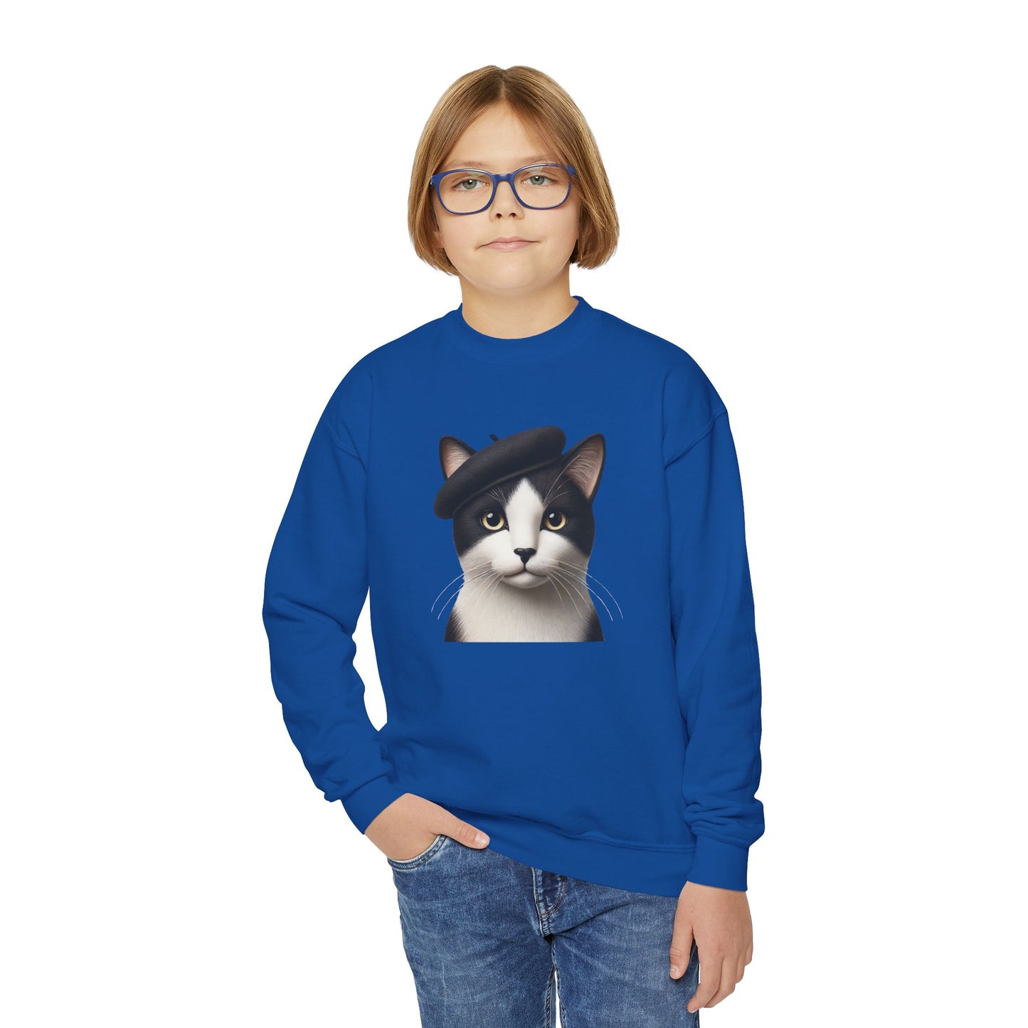 Tuxedo Cat Wearing A Beret - Youth Crewneck Sweatshirt - Too Cute Pets