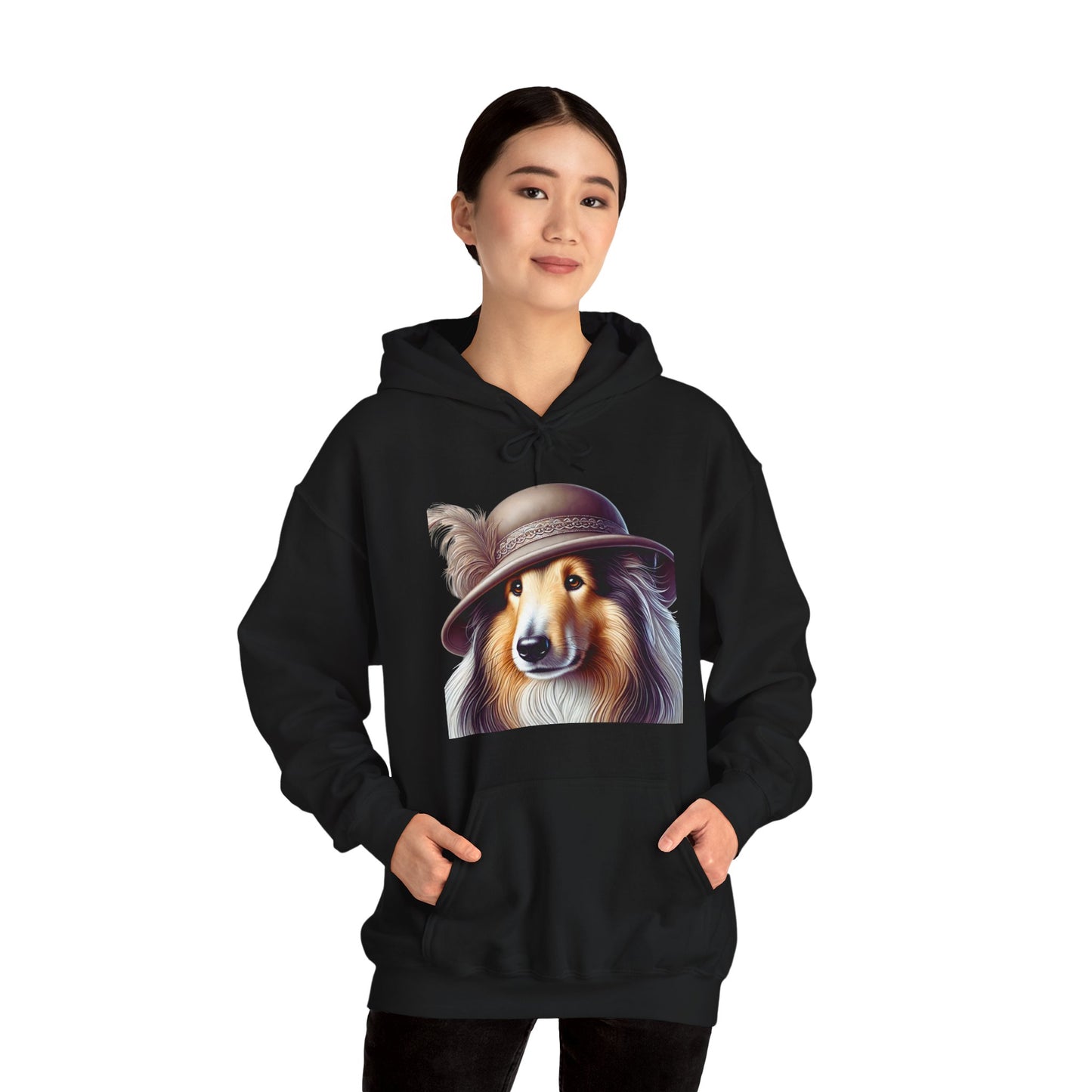 Collie Wearing Cloche Hat - Adult Hoodie - Too Cute Pets