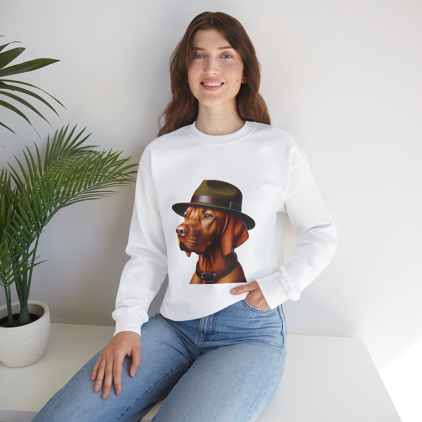 Dashing Vizsla Wearing A Campaign Hat- Adult Crewneck Sweatshirt - Too Cute Pets