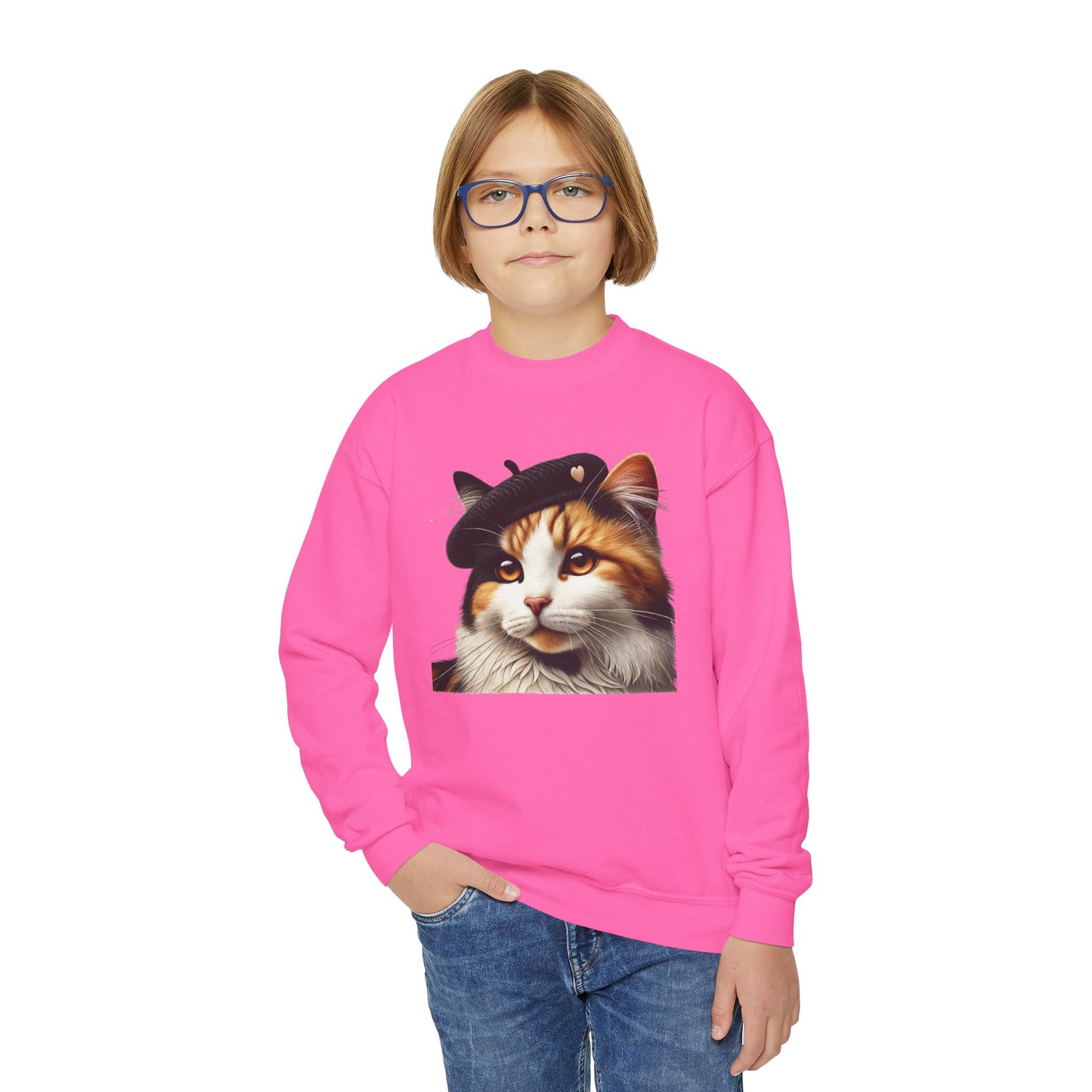 Calico Cat Wearing a Heart Beret - Youth Crewneck Sweatshirt - Too Cute Pets